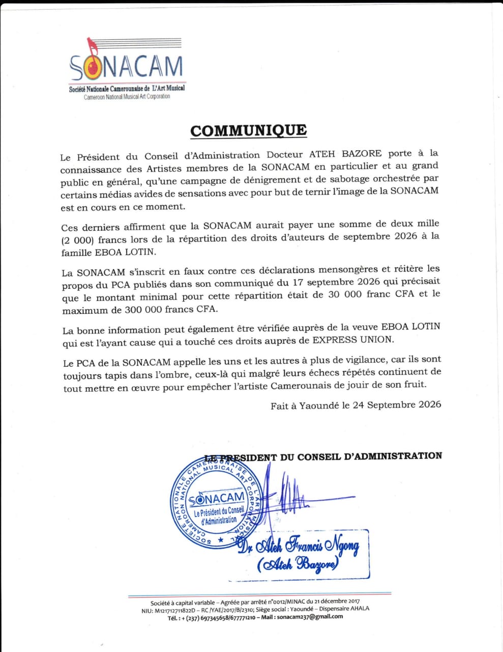 SONACAM  Affaire droits d&rsquo;auteurs Communiqué officiel