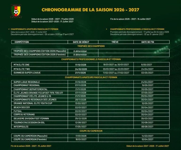FECAFOOT : LE CHRONOGRAMME OFFICIEL DE LA SAISON 2026-2027 DÉVOILÉ