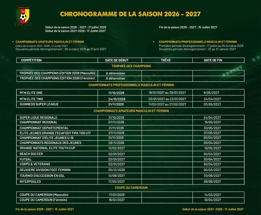 FECAFOOT : LE CHRONOGRAMME OFFICIEL DE LA SAISON 2026-2027 DÉVOILÉ